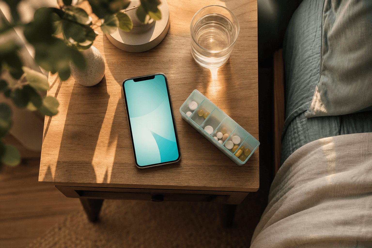 Phone glowing with a Ripple reminder on a nightstand beside a pill organizer and glass of water